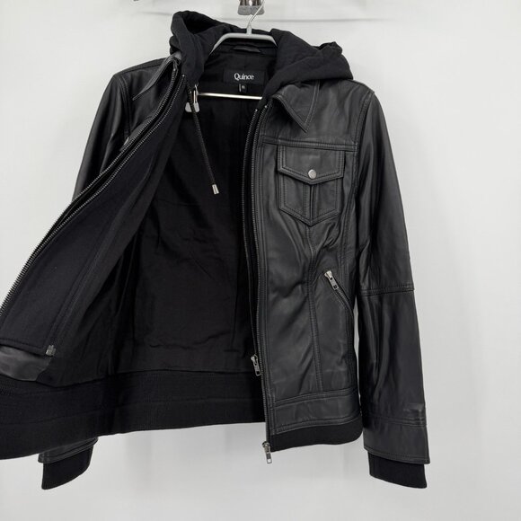 Quince Women's Black Leather Jacket size S Removable Hood Sheep Full Zip Lined - Picture 11 of 16